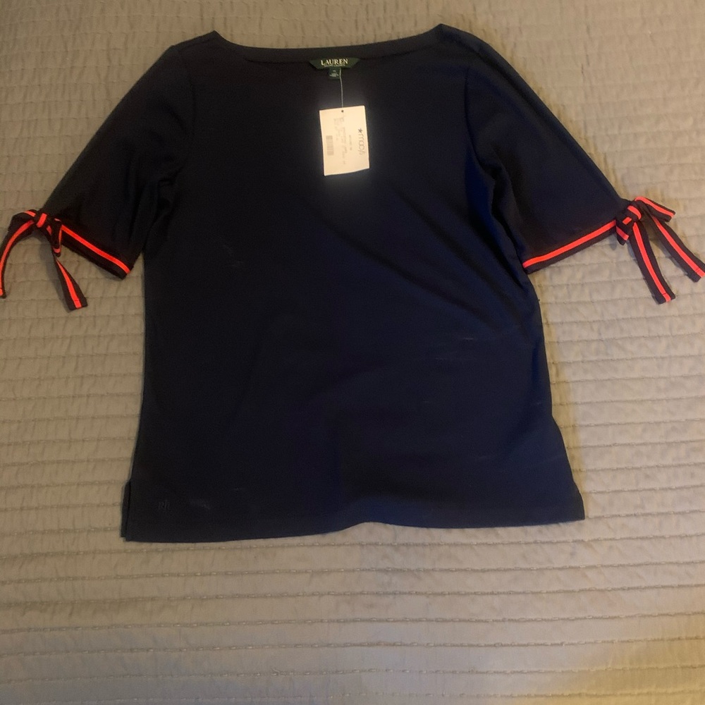 Ralph Lauren navy top w red tie bows on sleeves